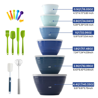 LISI 23Pcs Mixing Bowls Set with Lids, Airtight BPA-Free Nesting Bowls for Mixing, Baking, Cooking & Storage, Dishwasher Safe Serving Bowl, Includes Spatula, Spoons, Brush & Whisk