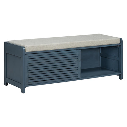 Ball & Cast Entryway Storage Bench with Shutter Doors, 43.3" Wooden Shoes Organizer, Modern Movable Upholstered Seat Entryway Shoe Rack Cabinet for Hallway Living Room, Navy Blue