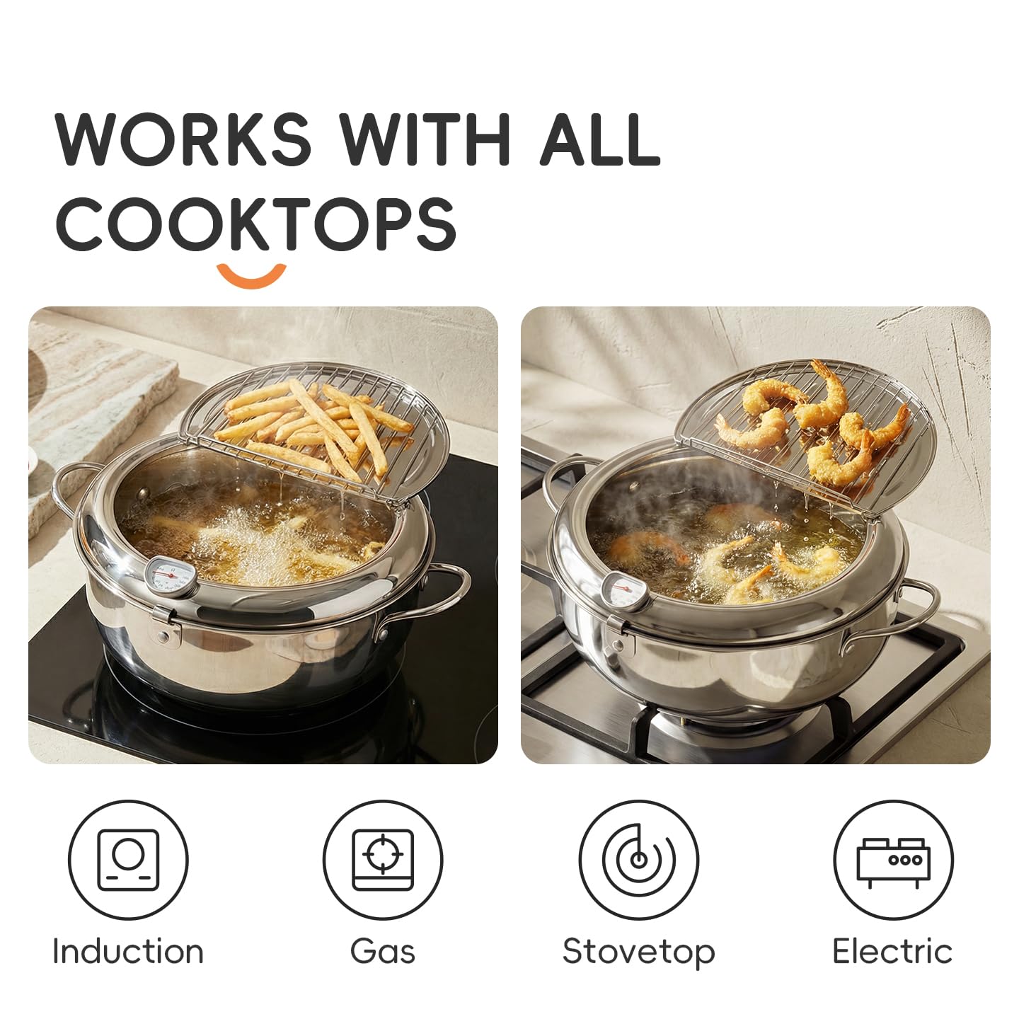 PUCOHOUSE Deep Fryer Pot, Japanese Frying Pot 4.2L/4.5Qt Large, 304 Stainless Steel Tempura Fryer with Lid, Thermometer and Oil Drip Drain Rack for Family Cooking