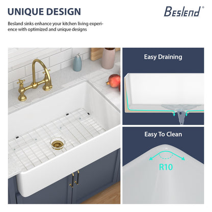 Beslend White Farmhouse Sink 33X20 inch Fireclay Farm Style Apron Front Undermount Kitchen Sink Large Single Bowl Farmer Kitchen Basin