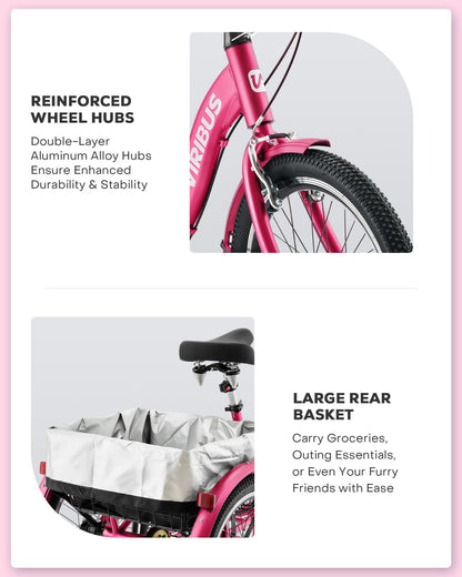VIRIBUS Folding Tricycle for Adults, 20 inch Foldable Adult Tricycle, Folding 3 Wheel Bikes with Basket for Short Women Seniors, 1 Speed Collapsible Trike 330lb. Capacity, Three Wheeler Hot Pink