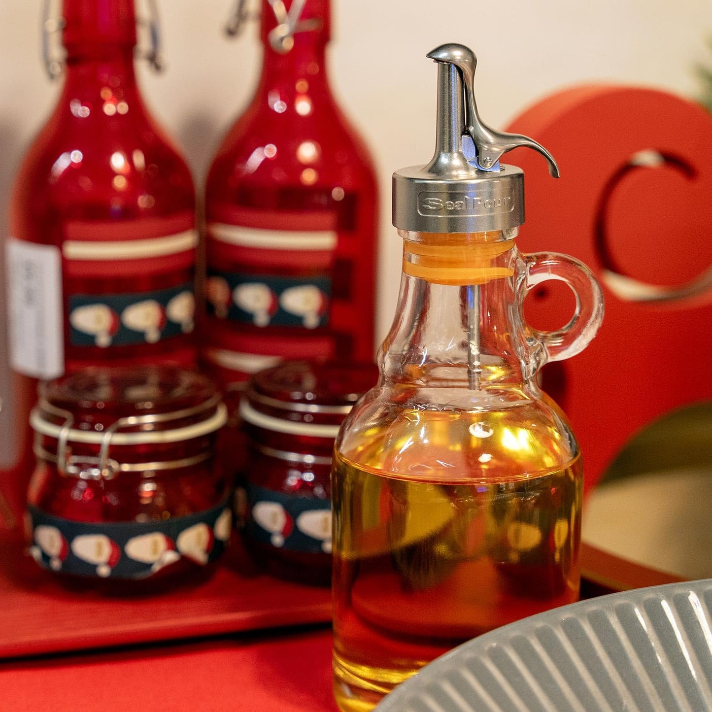 Olive Oil Dispenser Bottle,Glass Oil Dispenser with Stainless Steel Spouts,Oil Bottles for Kitchen, Oil Dispenser Bottle with Drip Free Spouts (2pcs) 12 oz