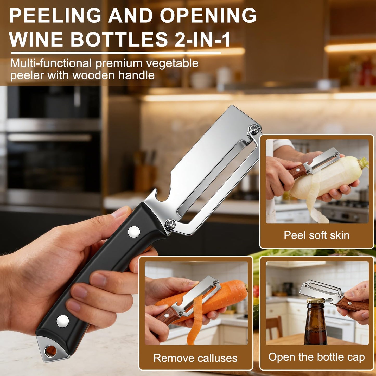 2PCS Premium 2-in-1 Vegetable Peeler with Wooden Handle, Stainless Steel Blade & Bottle Opener, Multi-Purpose Kitchen Tool for Apple, Potato, Pumpkin, Papaya & Various Fruits/Vegetables (Wood+Black)