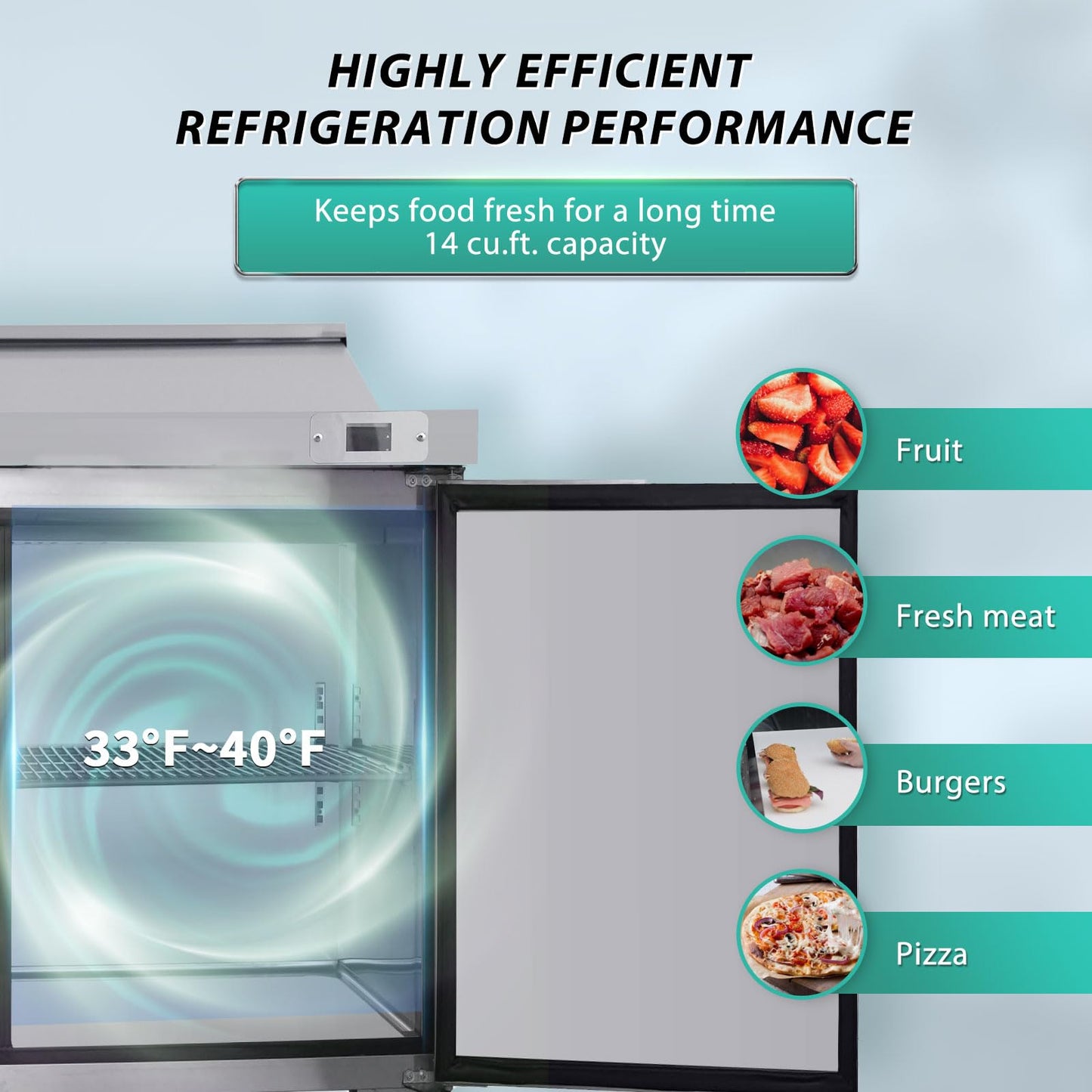 ORIKOOL 48" Commercial Sandwich Prep Table Refrigerator - 2 Door Stainless Steel Fright, 14 Cu.Ft Capacity, Low Noise, Adjustable Shelves, Auto Defrost, Digital Temp Control