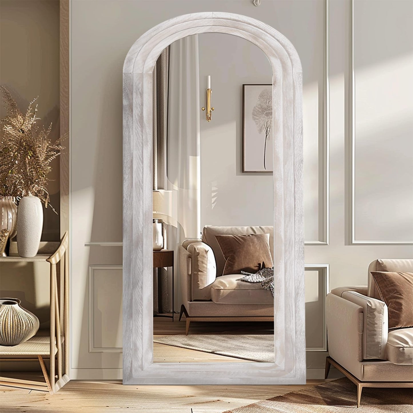 ZHUNFA Arched Full Length Mirror with Solid Wood Frame, 71x32 Farmhouse Wall Mirror Full Length with Stand, Vertical Hanging, Leaning Standing for Bedroom, Living Room, Rustic White