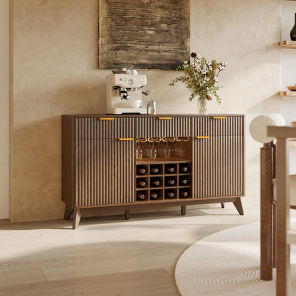60" Wide Fluted Wine Bar Cabinet with 2 Side Cabinets, 3 Drawers, 4 Glass Holders & 12 Wine Racks, Modern Buffet Sideboard with Storage, 2 Door & 3 Drawer Buffet Sideboard for Kitchen, Dining Room