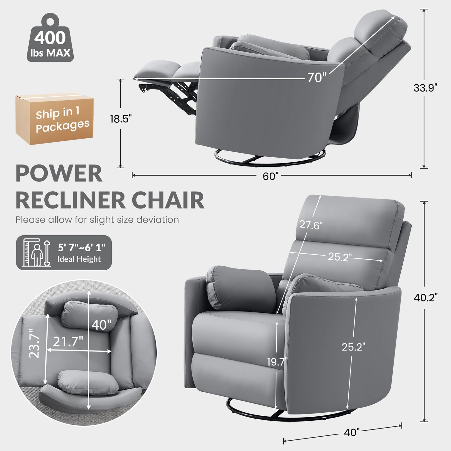GRAINELL Oversize Power Swivel Recliner, 40in Wide Electric Glider Rocking Chair with Headrest Adjustment, USB Port, 270° Swivel, Rock 30°– for Living Room, Nursery, Leather Grey (5"7' to 6"1' Height)