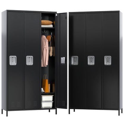 METALYEYE 3 Doors Metal Storage Lockers for Employees, Industrial Steel Locker with 9 Hooks for Gym,School,Garage,Office,Assembly Required,Black