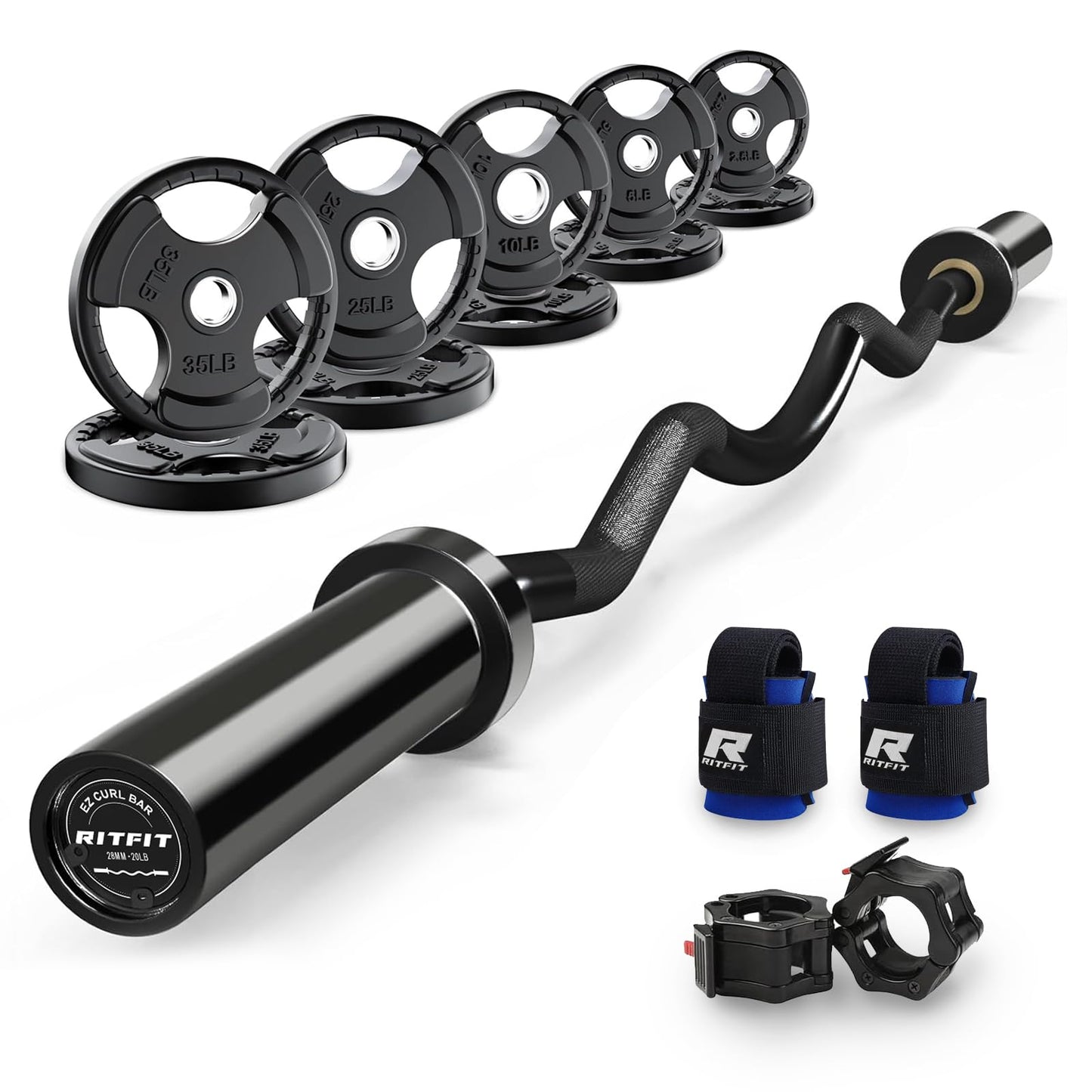 RitFit 2 Inch EZ Curl Bar with Weights, 350LBS Capacity Olympic Barbell for Bicep & Triceps, Home Gym Strength Training,Black with 155LBweights and Wristband