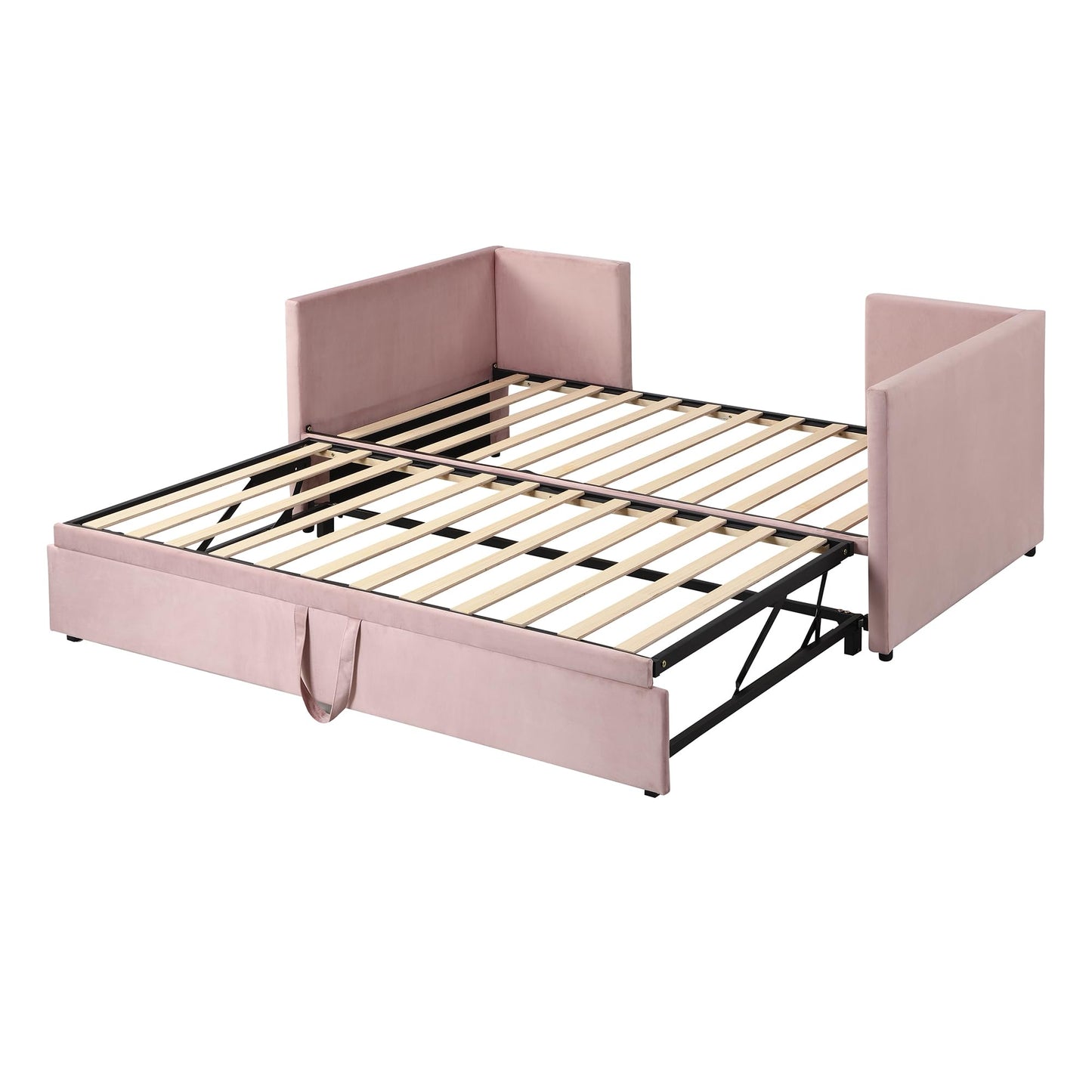 Brisca Twin Velvet Upholstered Daybed with Pop Up Trundle,Extendable Wooden Bed Frame,W/Backrest and Armrests, King-Size,for Living Room Apartment,Pink