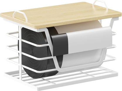 Countertop Trash Bag Holders with Wood Top, Large & Small Garbage Bag Dispenser for Kitchen, Pantry, Laundry Room