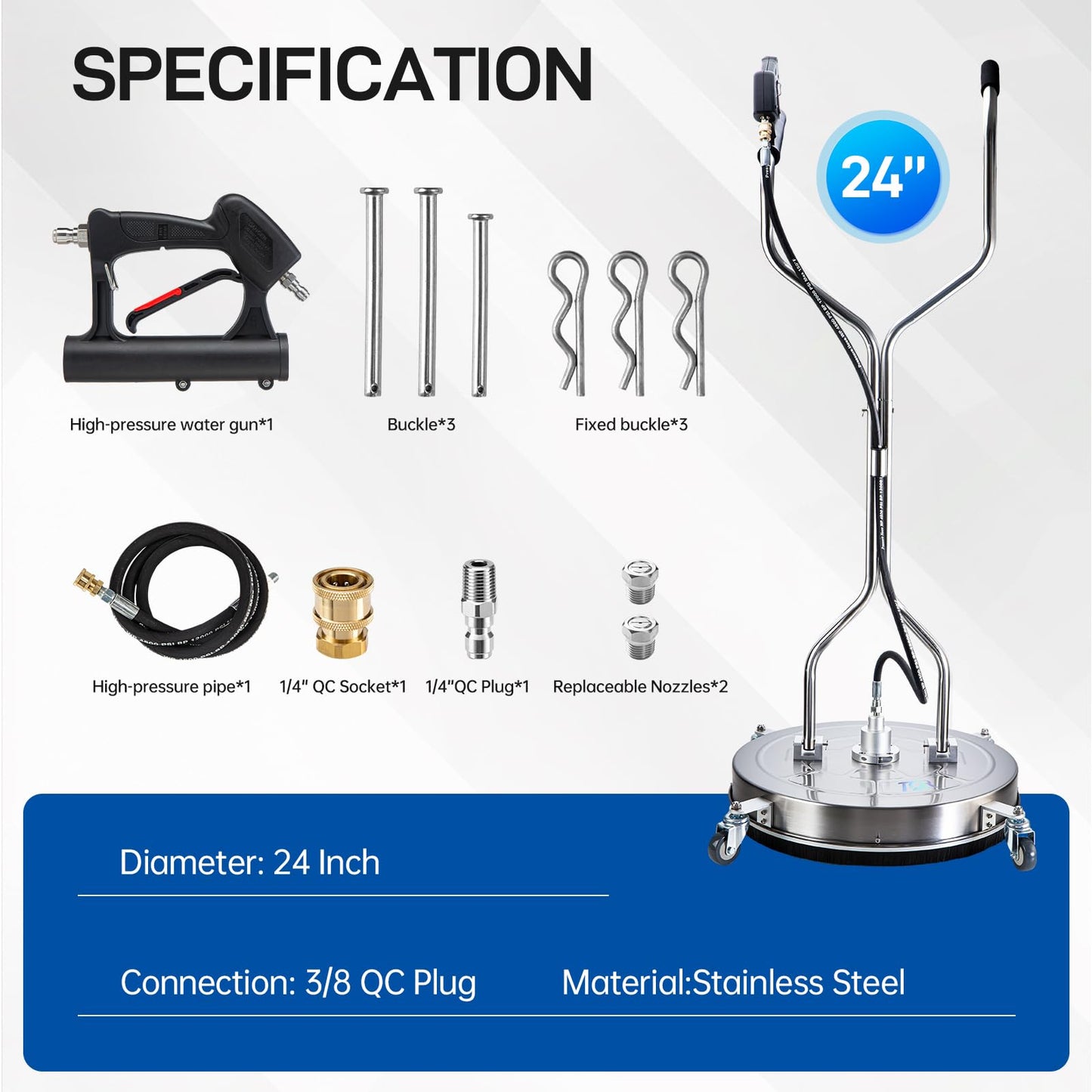 TOR 24" Pressure Washer Surface Cleaner with 4 Wheels, Surface Cleaner for Pressure Washer, Stainless Steel Dual Handle Power Washer Surface Cleaner for Concrete, Driveway, Patio, Sidewalk