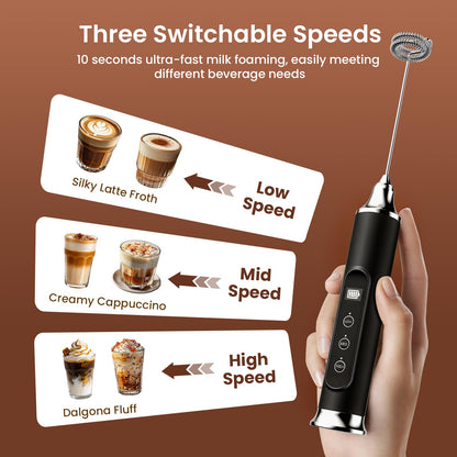 YUSWKO Milk Frother Wand for Coffee, Handheld Coffee Frother, Rechargeable Drink Mixer, Waterproof Electric Whisk, Black