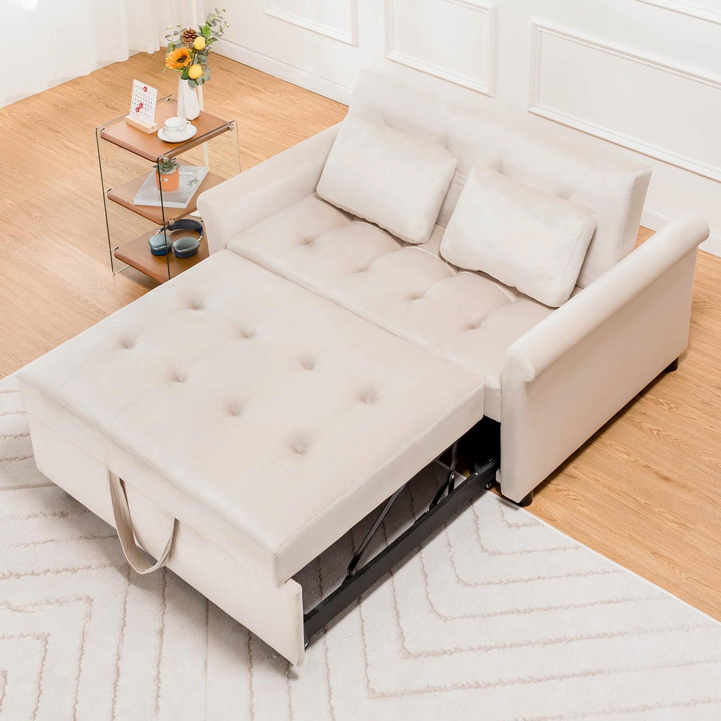COMHOMA Convertible Sofa Bed,55" Sleeper Sofa Bed,3-in-1 Pull Out Couch Bed with Reclining Backrest and Pillows,Convertible Sleeper Loveseat for Living Room(White)