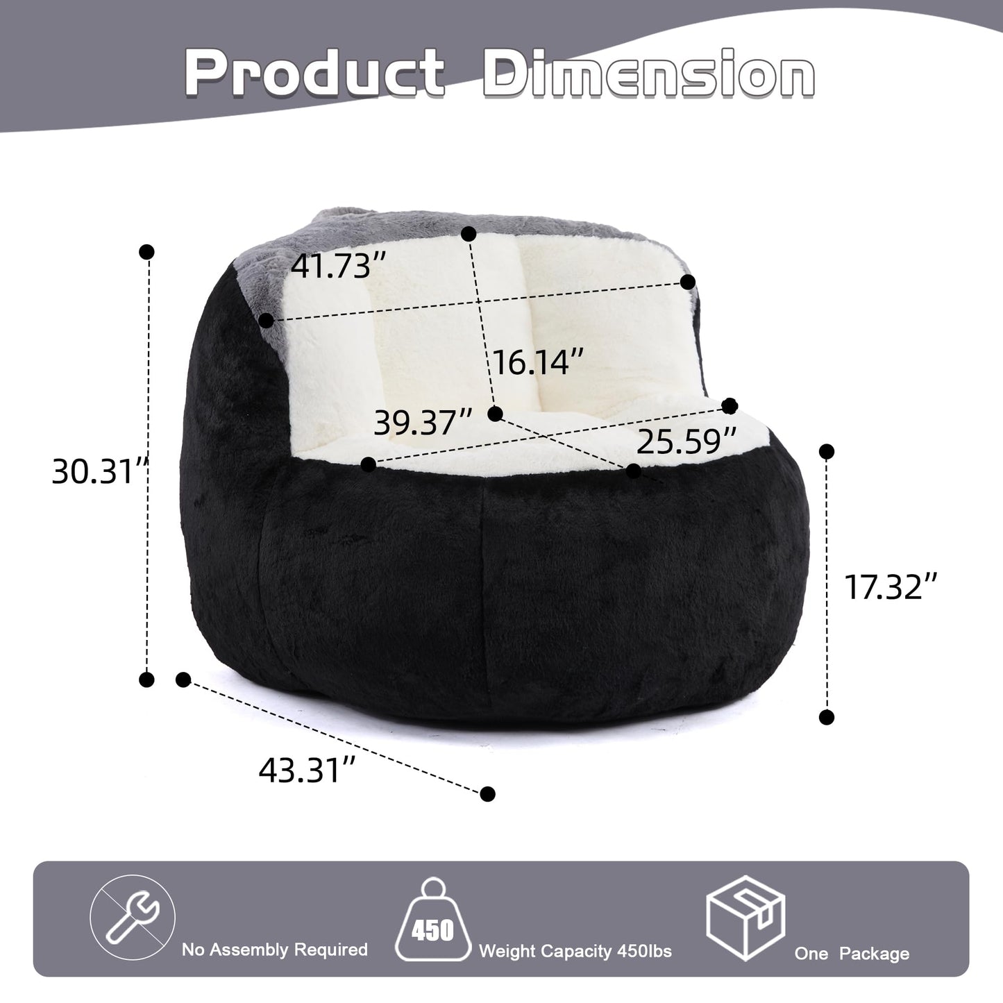 Amacv Oversized Bean Bag Chairs,Multicolor Faux Fur Couch Filled with Shredded Sponge,Large Lounger Sofa for Living Room,No Assembly Required, Black+White+Grey
