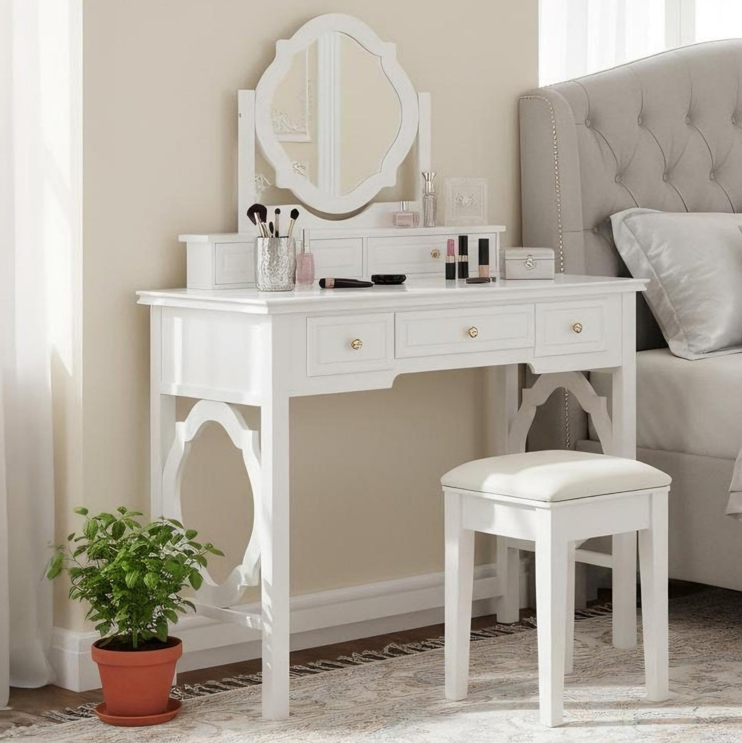 Merax 35.5 Inch Vanity Desk with Reversible Mirror, Compact White Makeup Vanity Table Set with 5 Storage Drawers & Chair, Modern Small Exquisite Dressing Table for Women Girls Bedroom Dorm