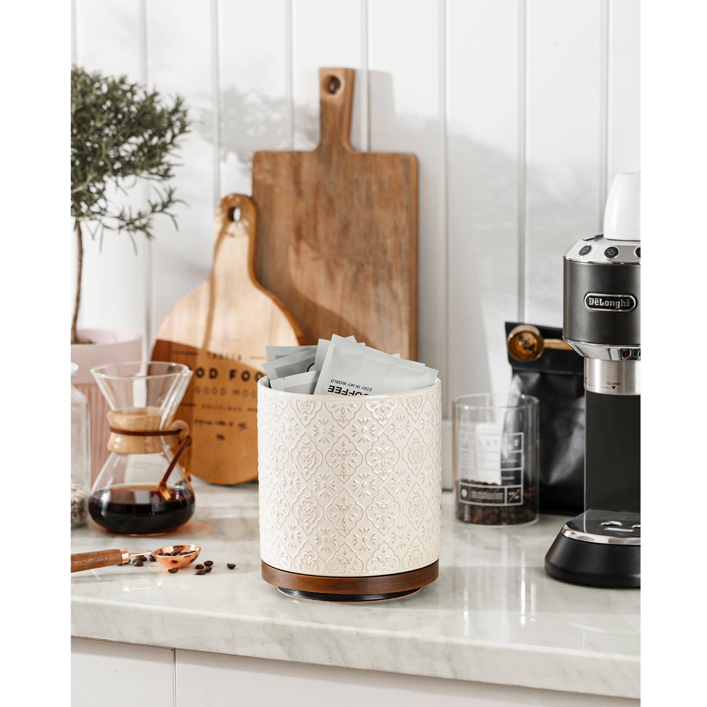 MIKIGEY Kitchen Utensil Holder, 360° Rotating Extra Large Ceramic Utensil Holder with Embossed Pattern, 7.3” Cooking Utensil Crocks for Kitchen Countertop, Home Decor, Off-White