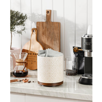 MIKIGEY Kitchen Utensil Holder, 360° Rotating Extra Large Ceramic Utensil Holder with Embossed Pattern, 7.3” Cooking Utensil Crocks for Kitchen Countertop, Home Decor, Off-White