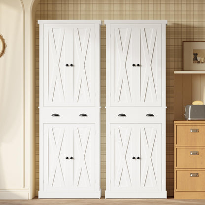 IRONCK Kitchen Pantry Storage Cabinet 72.6" H x 24" W, with Barn Doors, Drawer, 4 Adjustable Shelves, Freestanding Cupboard, Laundry, White