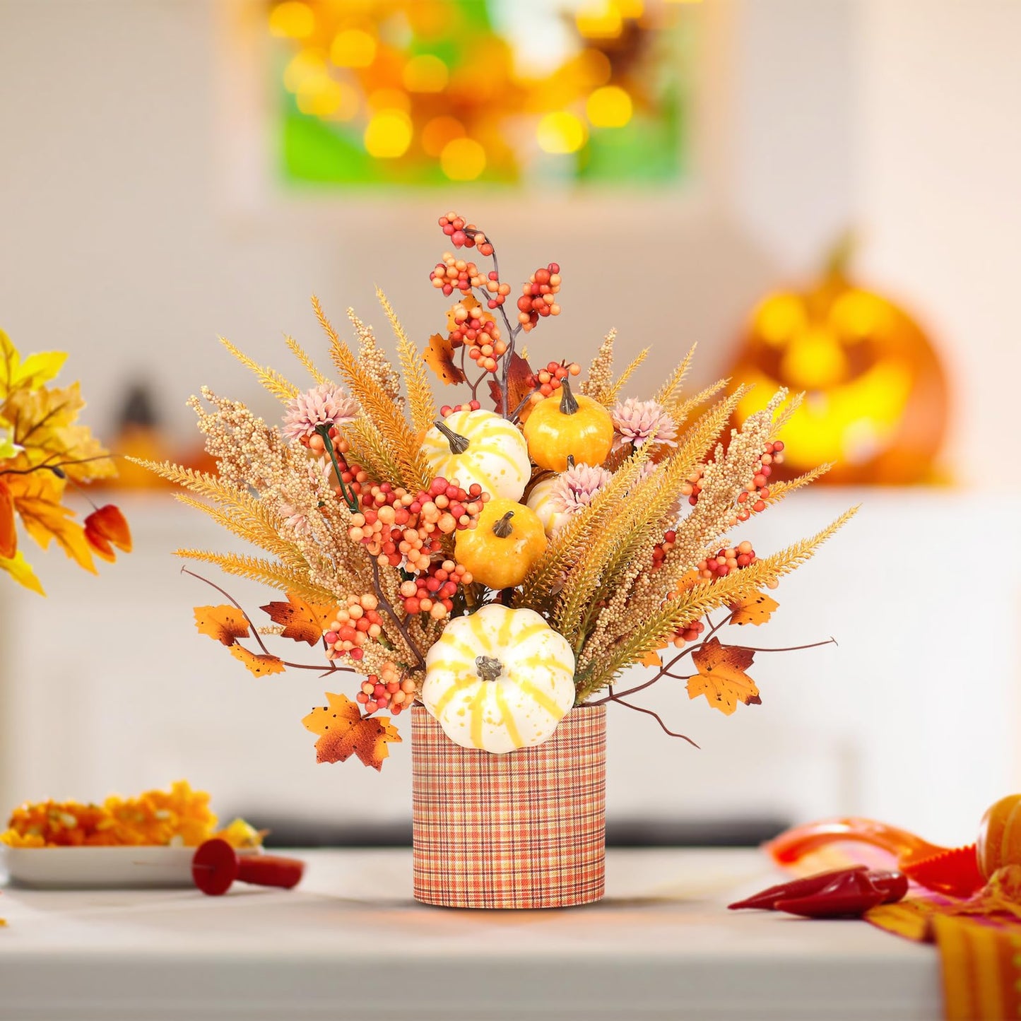 SY Super Bang Fall Decor, 12" Artificial Yellow/White Pumpkin Berry Maple Tree Table Decorations, for Autumn Halloween Thanksgiving Home Farmhouse Harvest Holiday Party Centerpieces Decor.