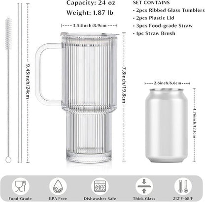 INSETLAN 24oz Glass Tumbler Set - Ribbed Design with Handle & Lid | Perfect for Iced Coffee, Smoothies & More