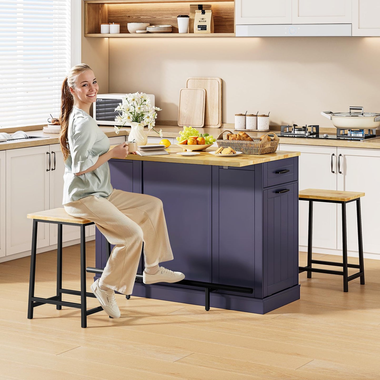 ONBRILL Stationary Kitchen Islands Include 2 Chairs, 47" Kitchen Island with Drop Leaf, Home Bar Table with Spice Rack & with Trash Cabinet, Island Table for Dining Room with Power Outlet, Blue