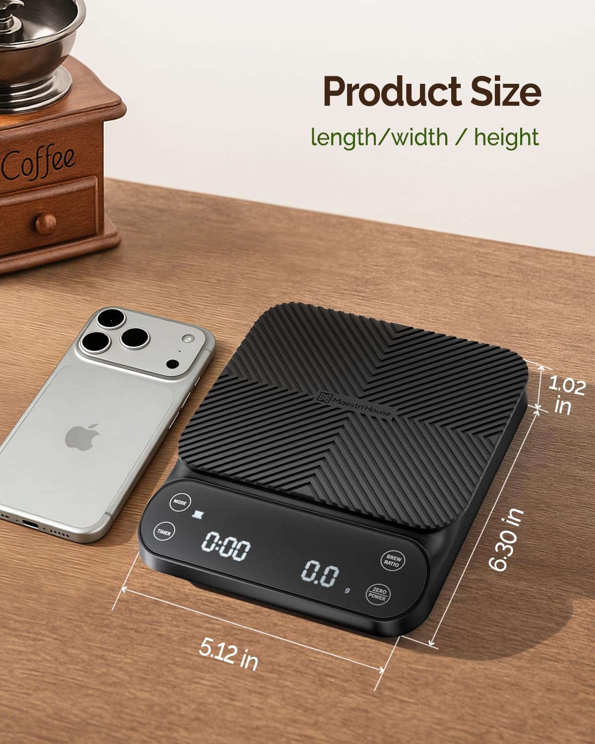 Maestri House S3 Coffee Scale with Timer, 3kg/0.1g Rechargeable Digital Scale, 3 Brew Modes, Adjustable Ratios & Flow Rate Display, Barista-Grade for Pour-Over, Espresso, French Press – Black