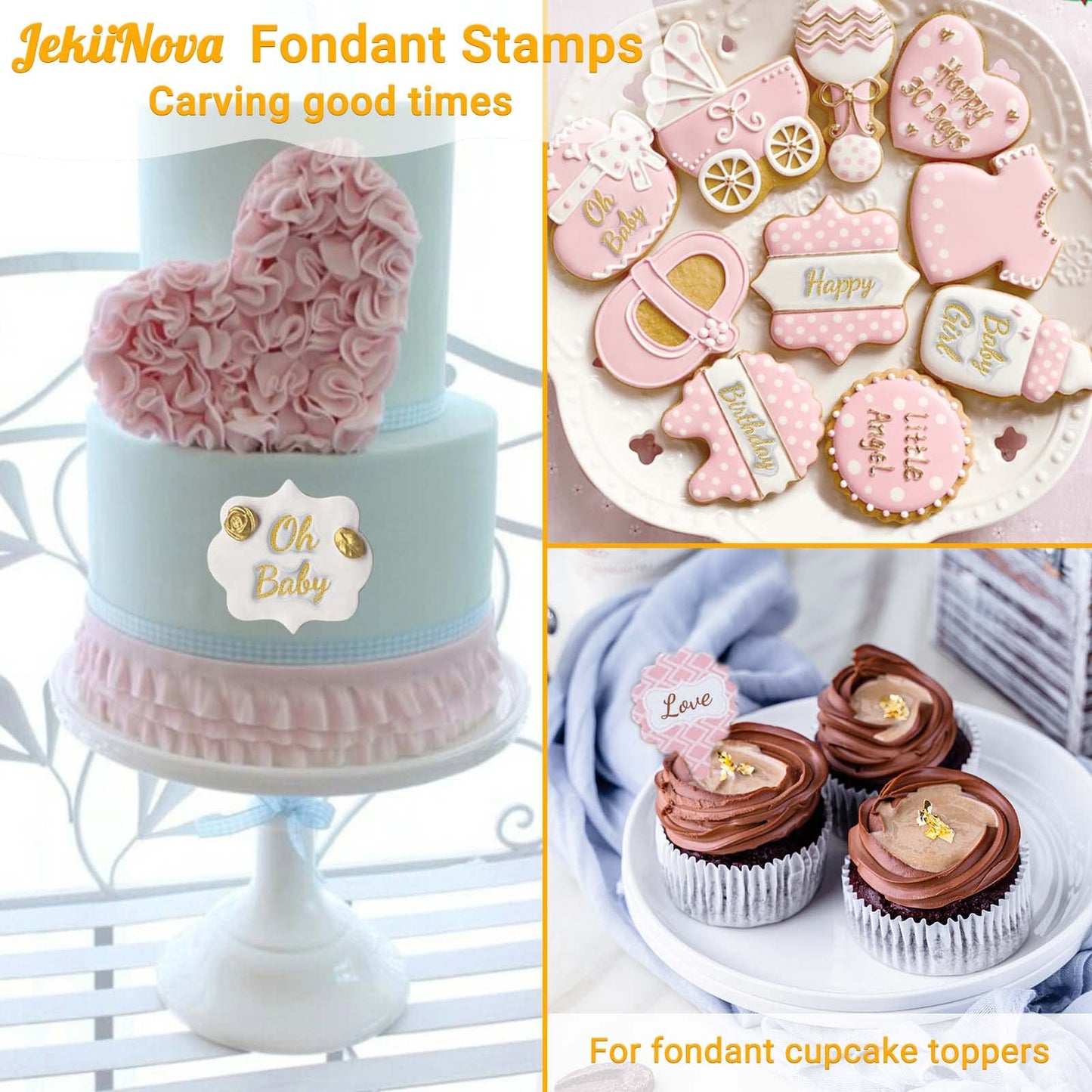 4PCS Alphabet Cake Stamps Tool with Brushes for Fondant Cookie Biscuit, Pretty Handwriting Food Grade Fondant Letter Stamp Uppercase Lowercase Numbers Words Reusable Cookie Stamp for Christmas Party
