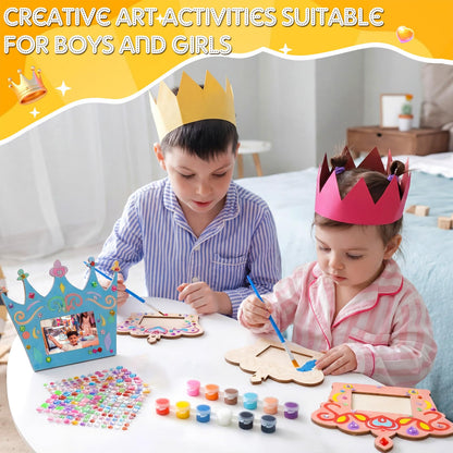 Blueweenly 12 Pcs DIY Picture Frame Painting Craft Kits for Kids Wooden Crown Princess Party Favors Paint and DIY Your Own Frame with 88 Cell Rhinestone Stickers 12 Color Paint Girl Birthday (Square)