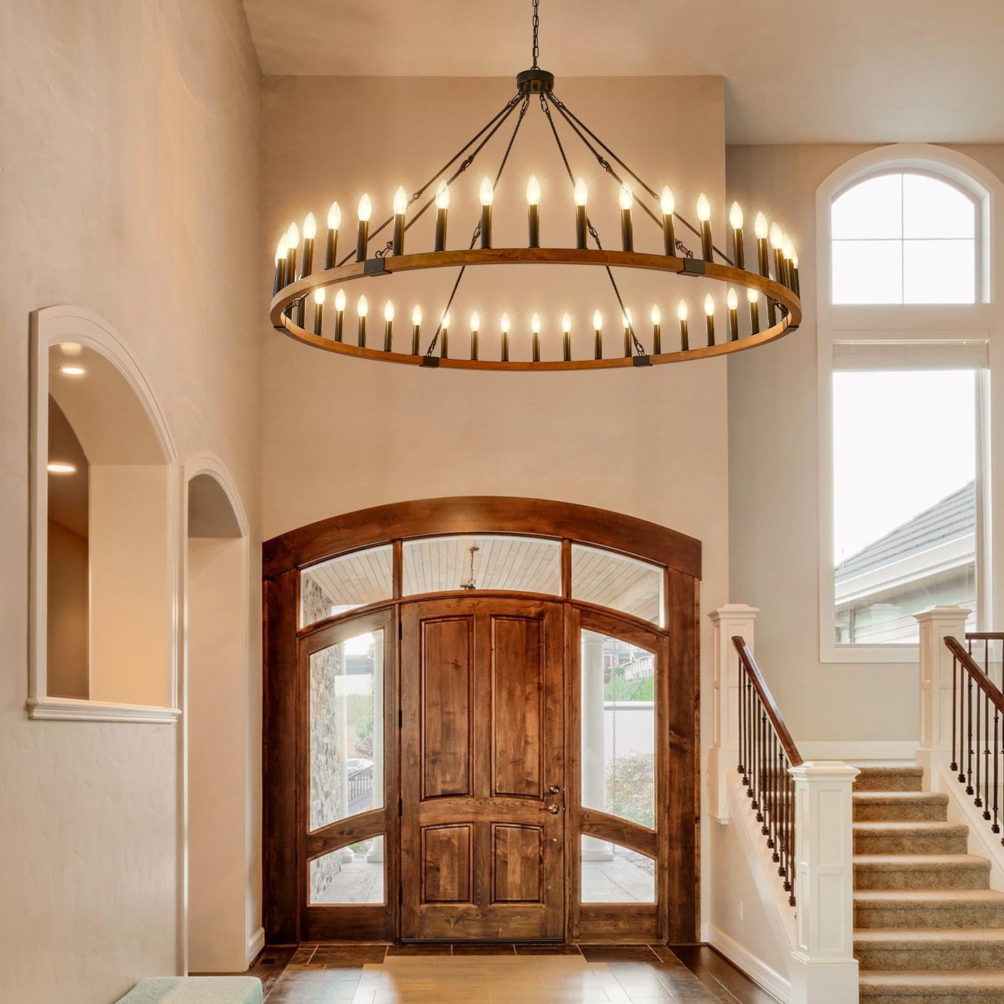 FOVICY 60-Inch Wagon Wheel Chandelier, 42-Light Large Rustic Farmhouse Chandelier for High Ceilings, Wooden Round Chandelier Lighting for Foyer, Entryway, Living Room, Dining Room