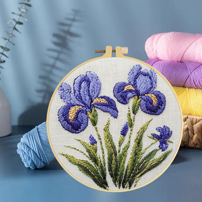 Punch Needle Kits Iris Flowers Embroidery Starter Set with Hoop Easy for Beginners DIY Stress Relief Handmade Craft Hobby and Home Decor 20x20cm
