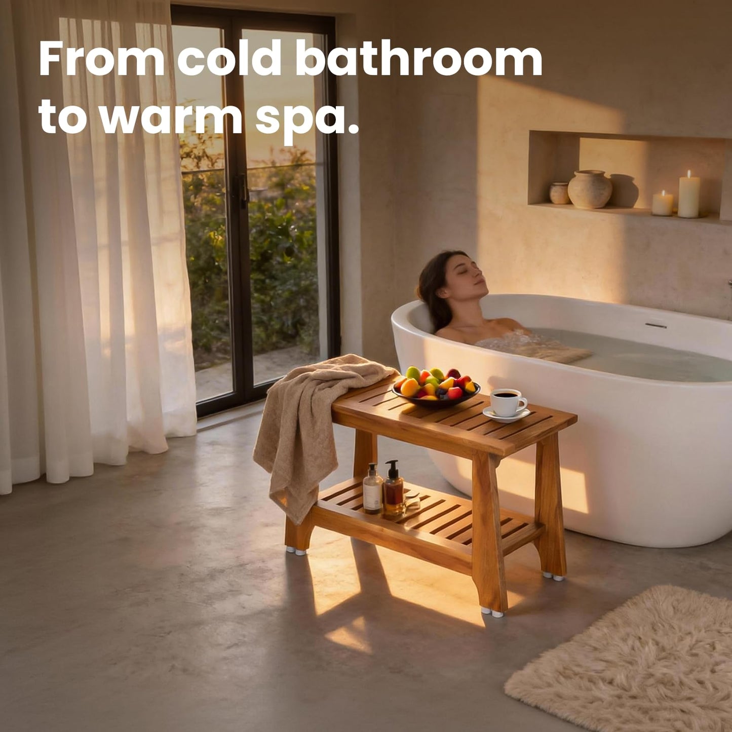 NNN 42" Commercial Teak Shower Bench - 8 Non-Slip Leveling Feet & 350 lbs Capacity | Rock-Solid Stability for Seniors & Spa Safety | Waterproof Design for Saunas/Outdoor Pools (Patented)