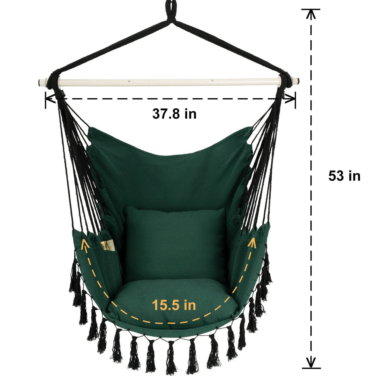 Y- STOP Hammock Chair Hanging Rope Swing, Max 500 Lbs, 2 Cushions Included, Large Macrame Hanging Chair with Pocket for Superior Comfort, with Hardware Kit, Green