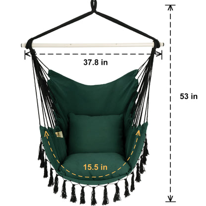 Y- STOP Hammock Chair Hanging Rope Swing, Max 500 Lbs, 2 Cushions Included, Large Macrame Hanging Chair with Pocket for Superior Comfort, with Hardware Kit, Green