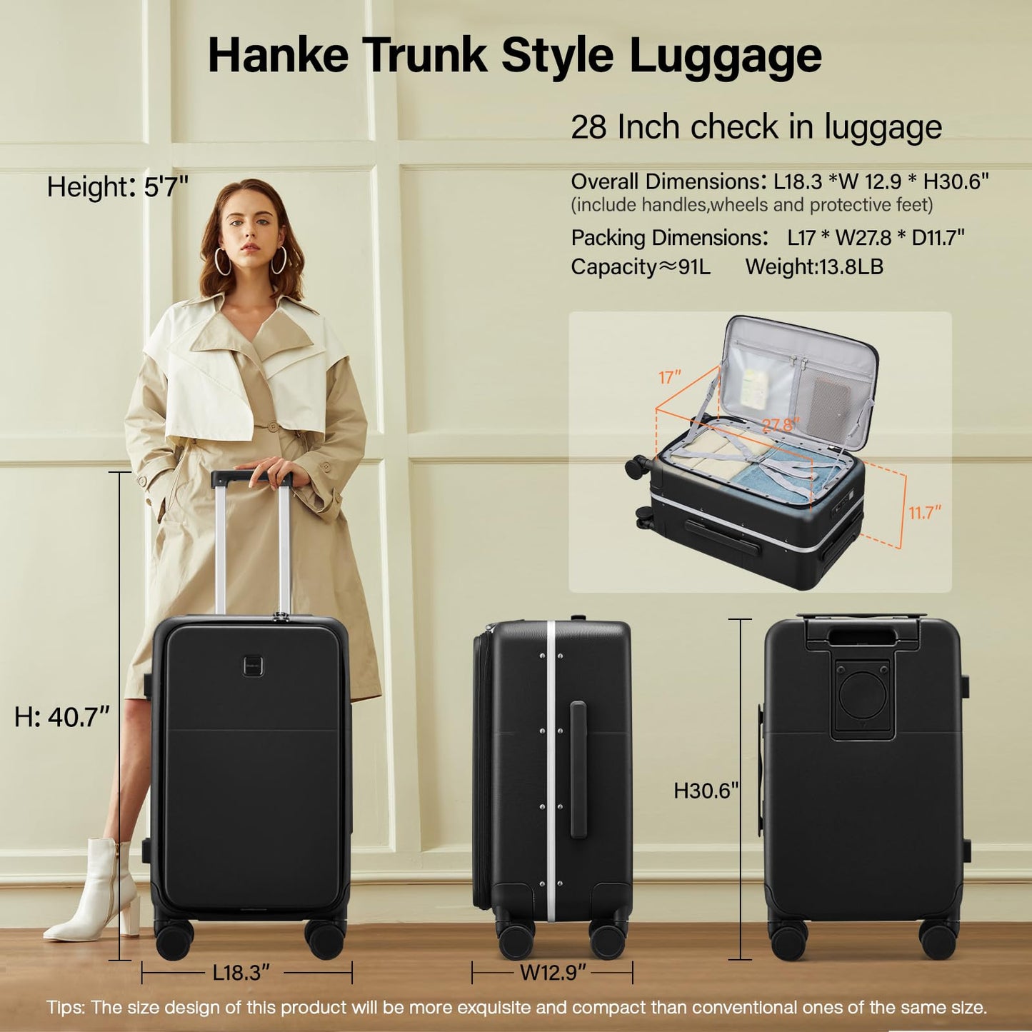 Hanke 28 Inch Checked Luggage with Cup Holder and USB Ports, Top Opening Hard Shell Suitcase with Wheels, Aluminum Frame Large Trunk Luggage with Foldable Divider & TSA Lock for Travel, Jet Black