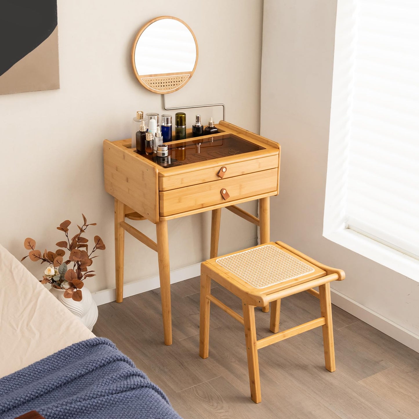 CHEFJOY Boho Vanity Desk with Mirror, Bamboo Makeup Vanity Table & Stool Set with 2 Storage Drawers & Tempered Glass Table Top, Small Dressing Table Set for Bedroom, Living Room