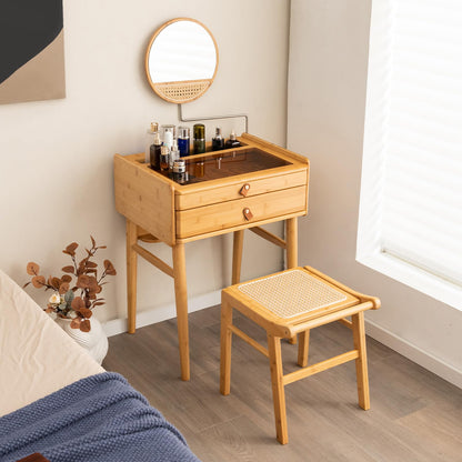 CHEFJOY Boho Vanity Desk with Mirror, Bamboo Makeup Vanity Table & Stool Set with 2 Storage Drawers & Tempered Glass Table Top, Small Dressing Table Set for Bedroom, Living Room