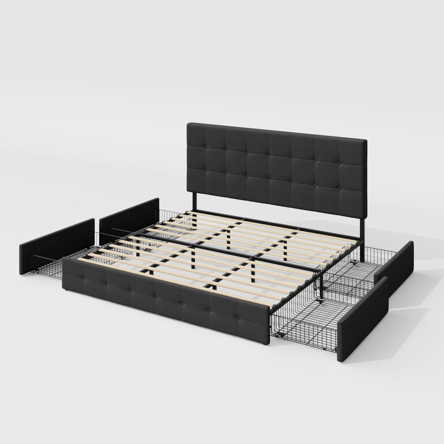 Allewie Upholstered King Size Platform Bed Frame with 4 Storage Drawers and Headboard, Square Stitched Button Tufted, Mattress Foundation with Wooden Slats Support, No Box Spring Needed, Dark Grey