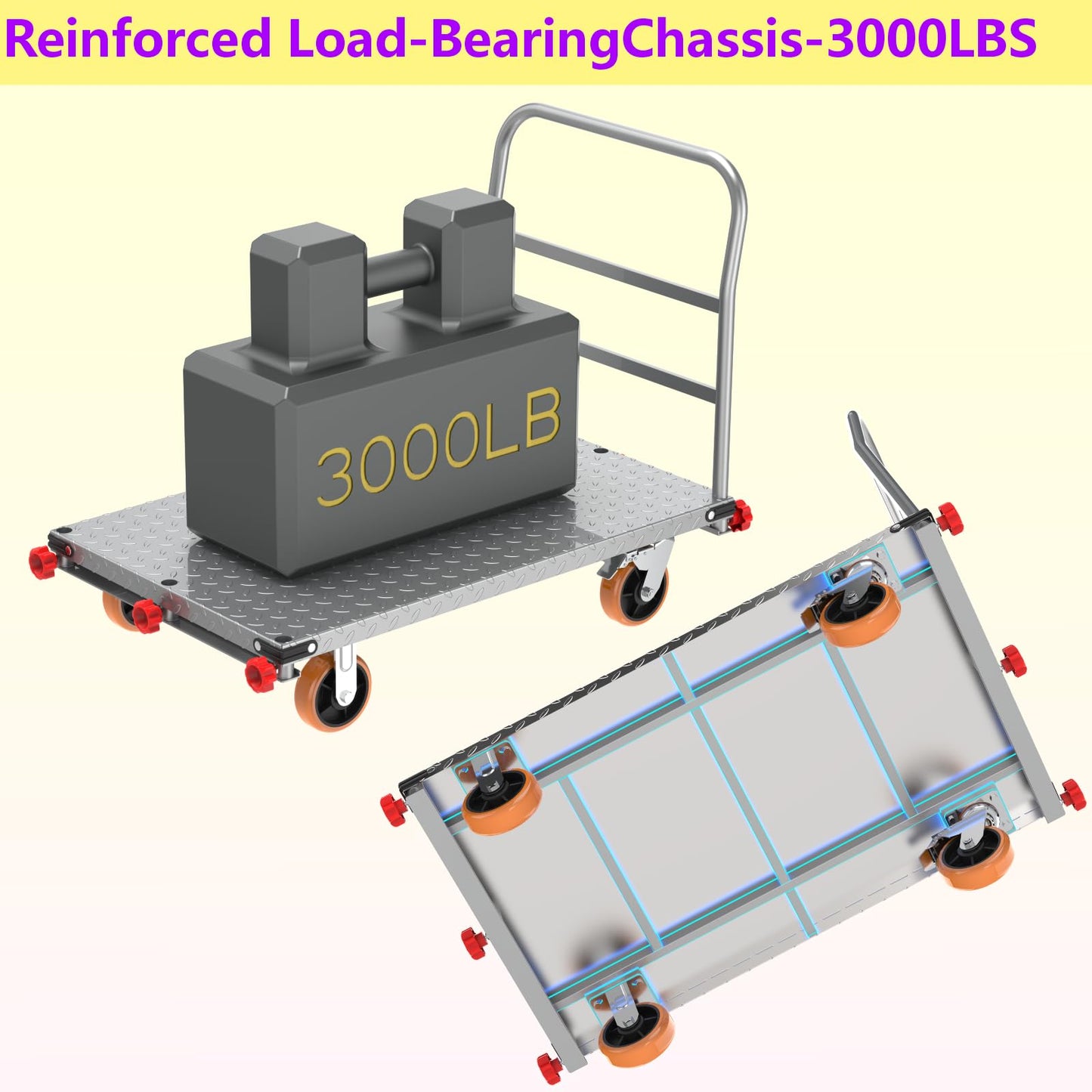 SCBoutique 3000 LBS Heavy Duty Steel Panel Cart Dolly - 2-in-1 Drywall Lumber Truck with 44 x 28 Inch 2MM Steel Plate, 6 Inch Swivel Brake Wheels & 1 Front 3 Side Handrails