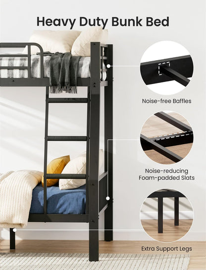 Mixcous Full XL Over Queen Bunk Bed for Adults, Heavy Duty Metal Bed Frame with Full-Length Guardrails & Anti-Slip Ladder, Noise-Free, No Box Spring Needed, Space Saving Queen Bunk Bed, Black