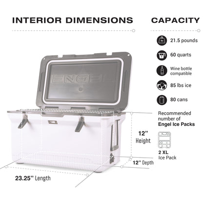 ENGEL 60 QT Ultra-Light Injection Molded Cooler - Ice Chest Keeps Ice up to 7 Days - Large Cooler Includes Wire Basket, Divider and Built-in Bottle Opener - White with Dark Grey Interior (White)
