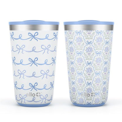 Ello 2 Pack 16oz Stainless Steel Stacking Cups with Easy Press Lids | Pint Size Reusable Tumblers for Parties, Home, Camping, Outdoor | Keeps Cold for 16 Hours, Dishwasher Safe | Bows & Flowers