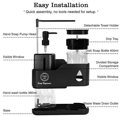 Kitchen Soap Dispenser Set (Black) – 4 in 1 Dual Pump Bottles with Sponge Caddy, Brush Holder, Towel Bar & Drain Rack – Space-Saving Countertop Organizer for Sink & Bathroom