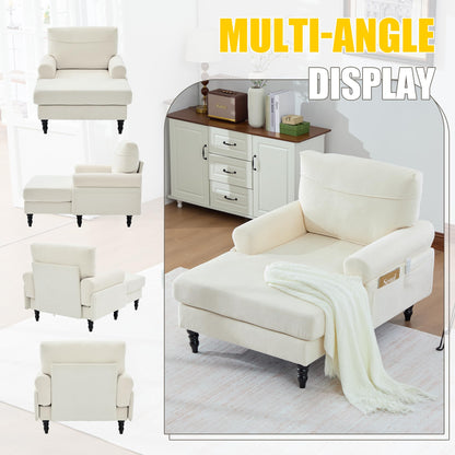 KEIKI Chaise Lounge Chair Indoor, Oversized Accent Chenille Armchair with Storage, Leisure Sleeper Single Sofa Side Chair, Corner Recliner Arm Chairs for Living Room Reading, Easy Assembly, Beige
