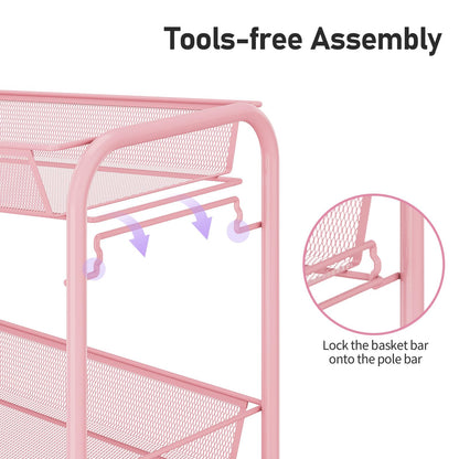 TOOLF 3 Tier Rolling Cart Pink - Metal Storage Organizer with Wheels, 33 lbs Shelf Capacity, Easy 5-Min Assembly, for Girls Room Bathroom Kitchen Office Nursery, Compact Design for Small Spaces, Pink
