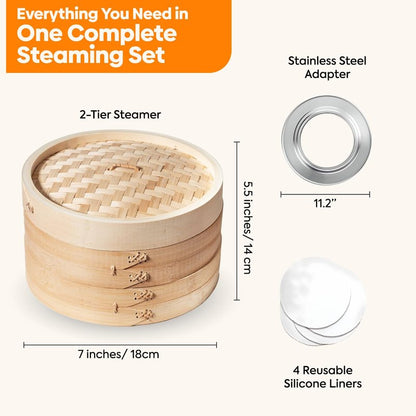 10-Inch Bamboo Steamer Basket, 2-Tier Natural Bamboo Steamer with Lid & Liners – Traditional Dim Sum, Dumplings, Bao Buns, Vegetables & Healthy Asian Cooking