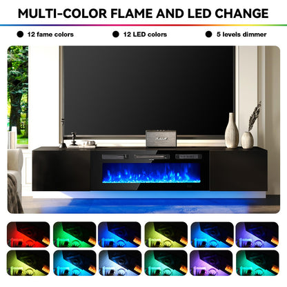 OneBlis 80'' Floating TV Stand with 40" Electric Fireplace, Wall Mounted Entertainment Center with Storage for TVs up to 90", Adjustable 12-Color LED Lights Media TV Console for Living Room