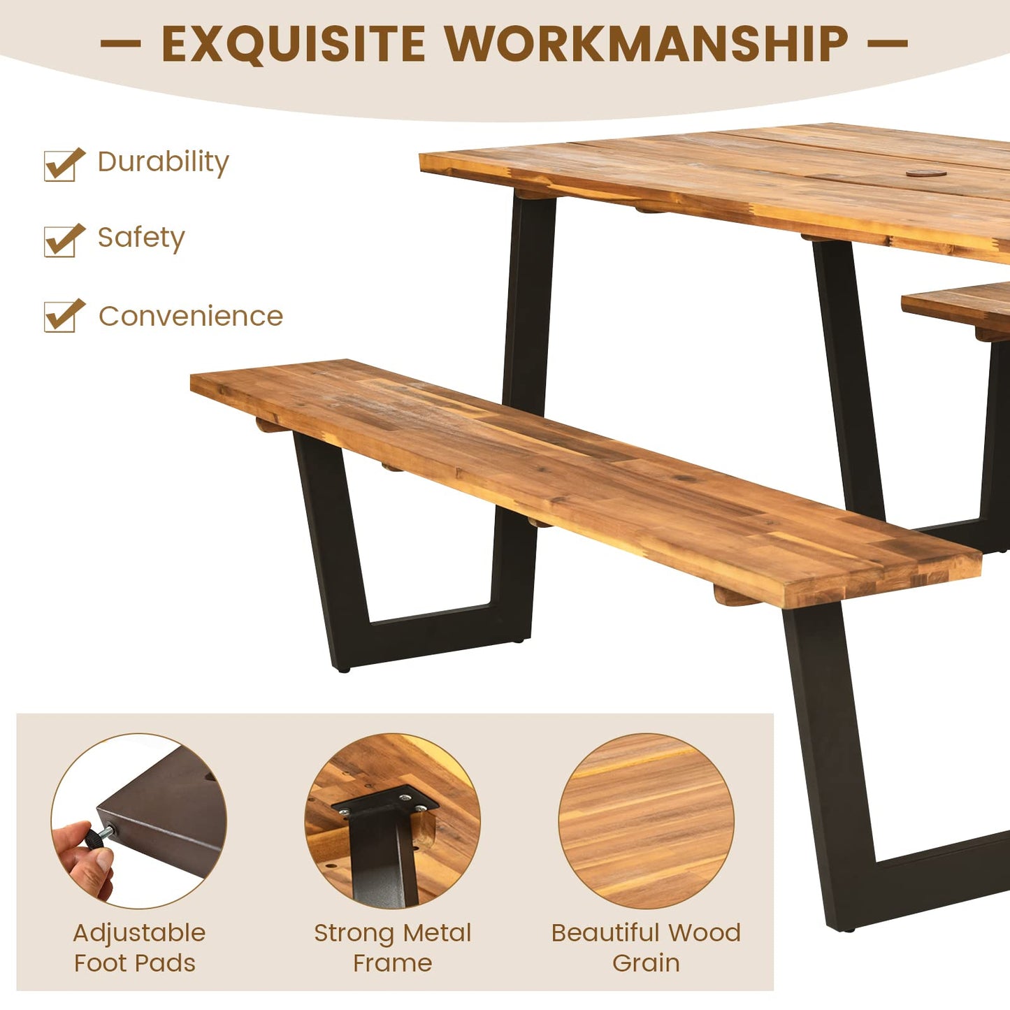Tangkula Patented Wooden Picnic Table, Outdoor Acacia Wood Picnic Table with 2 Built-in Benches, Umbrella Hole, Steel Frame, Outside Table and Bench Set for Garden, Backyard, Porch, Patio