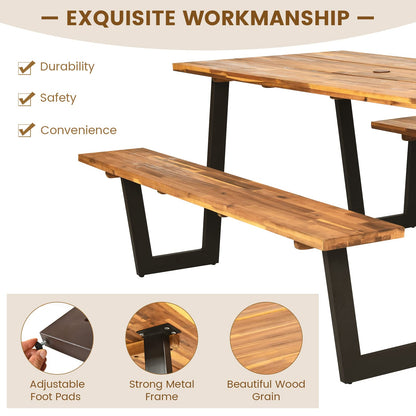 Tangkula Patented Wooden Picnic Table, Outdoor Acacia Wood Picnic Table with 2 Built-in Benches, Umbrella Hole, Steel Frame, Outside Table and Bench Set for Garden, Backyard, Porch, Patio
