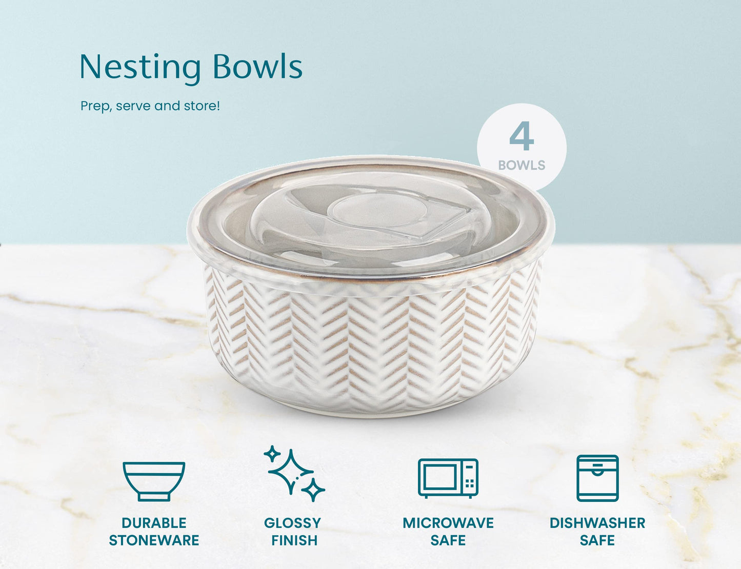 KooK Serving Bowls, with Lids, Ceramic Nesting Bowls, Set of 4, Embossed, Kitchen, Prep, Stackable, Gift, Microwave and Dishwasher Safe, 10/16/29/47 oz, Narbonne Collection (Ivory)